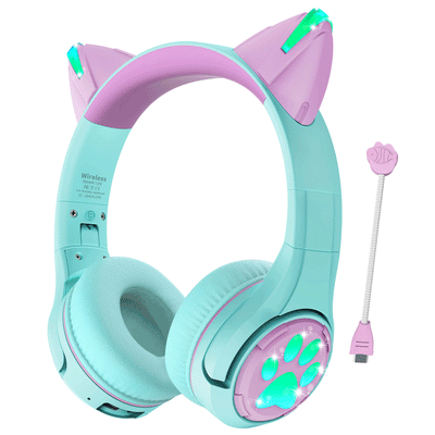 Riwbox Kids Bluetooth Headphones CF9 Robot Cat Ear Headphones With LED Light Boom Mic&Built-in Mic