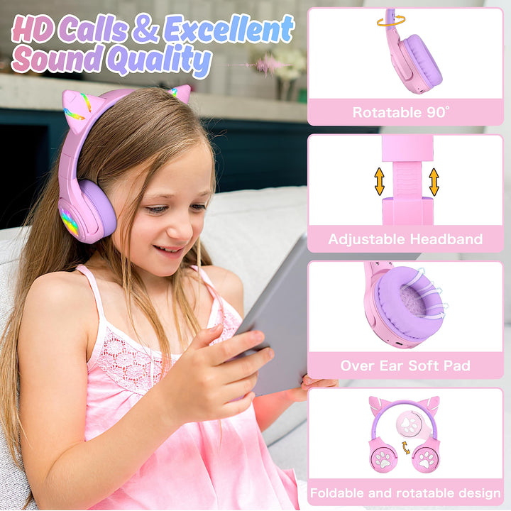 Unicorno Cuffie Bluetooth Bambini con Luci a LED, 85dB Volume Limitato Cuffie Wireless Bluetooth